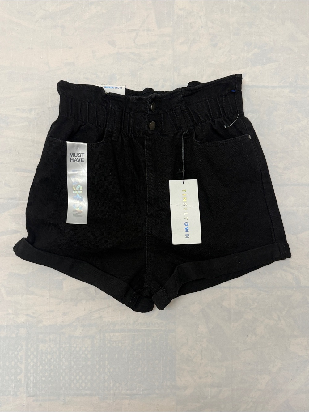 Tinseltown Black High-Waist Paperbag Denim Shorts